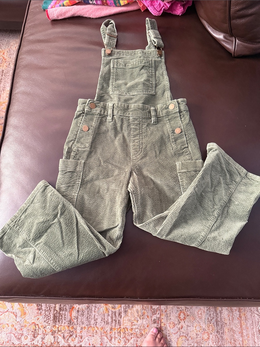 Crewcuts Olive Green Corduroy bib overalls.